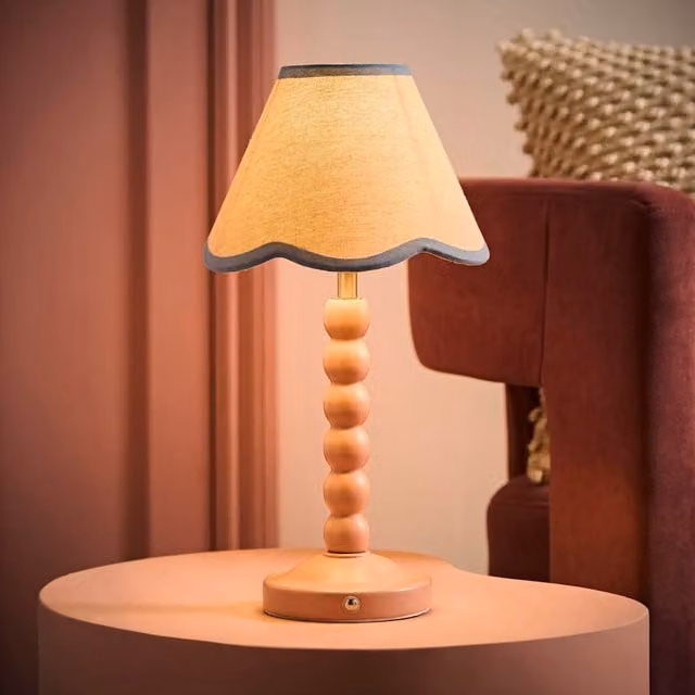 ValueLights Bobbin Scallop Trim Pink Rechargeable Portable Table Lamp with Blue Fabric Shade