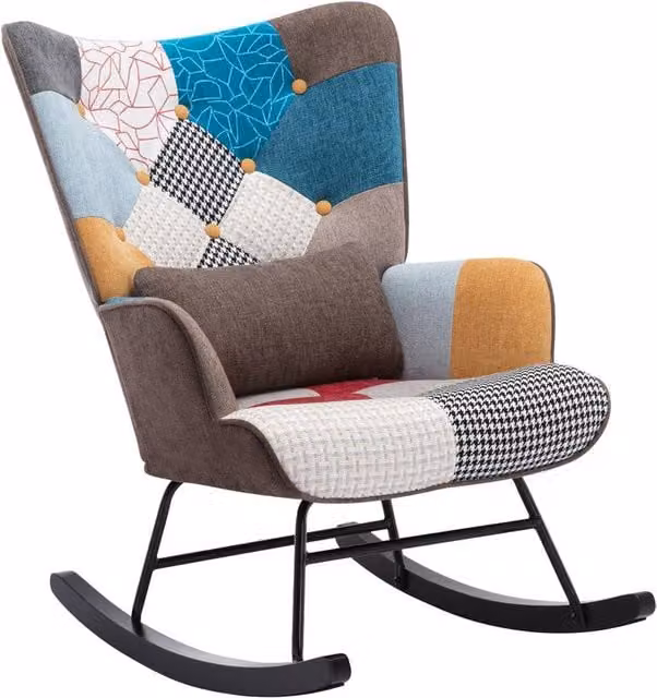 HomeMiYN Patchwork Rocking Chair with Brown Cushion and Vintage Multicolour Fabric Design