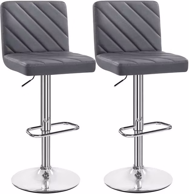 KORVIXA Set of 2 Modern Grey Synthetic Leather Kitchen Bar Stools with 360 Degree Swivel and Metal Base