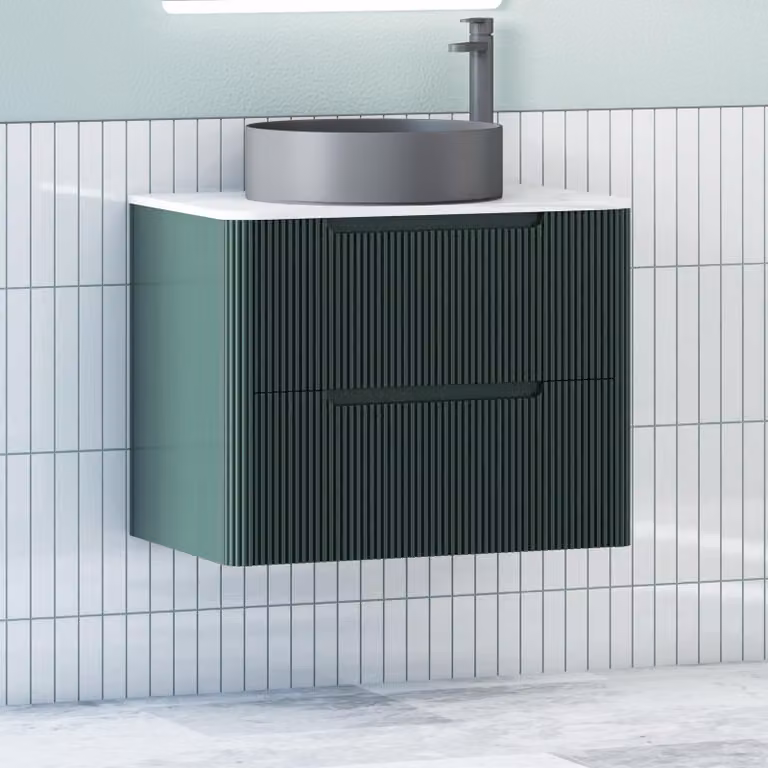 Royal Bathrooms Avenza Wall Hung Vanity Unit in Moss Green with 2 Drawers and Black Art Round Basin
