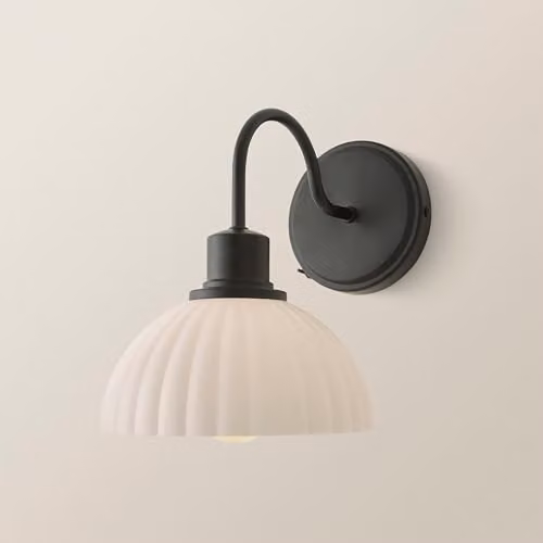 ValueLights Bourton Pair of Black Wall Lights with Cream Ribbed Dome Shades and Bulbs Included – 2