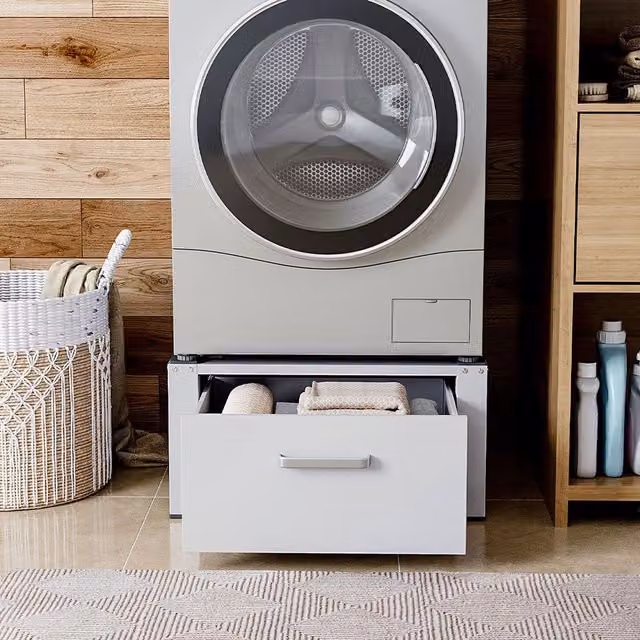 Livingandhome White Metal Washing Machine and Tumble Dryer Raised Pedestal with Sliding Drawer