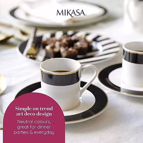 Mikasa Luxe Deco Geometric Bone China Espresso Cup and Saucer Set, White and Gold, 100ml, Set of 2 – 4