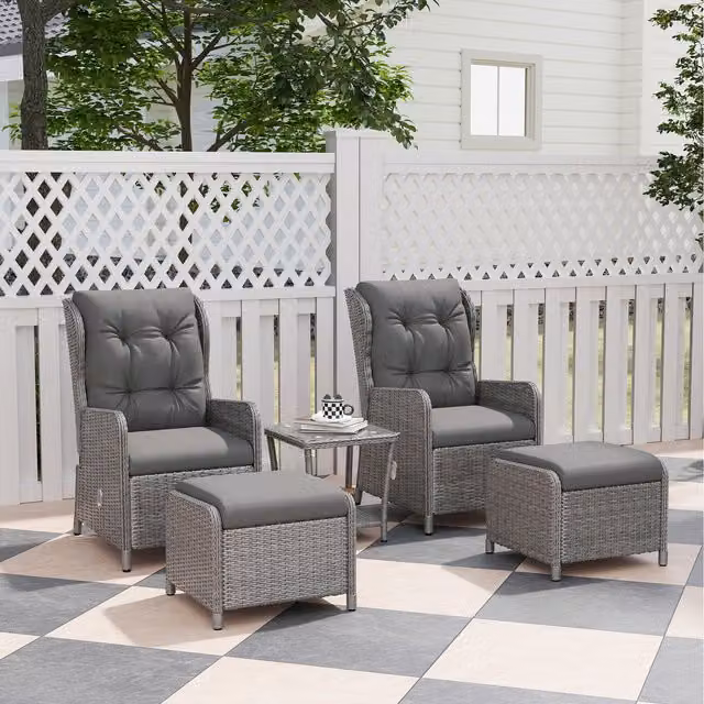 Outsunny Rattan Sun Lounger with Adjustable Headrest and Side Tray in Grey