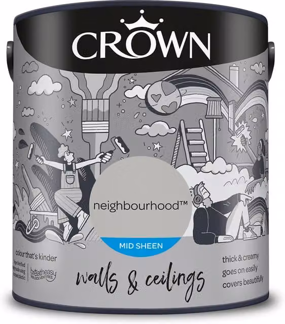 Crown Walls and Ceilings Mid Sheen Emulsion in Neighbourhood Grey, 2.5l
