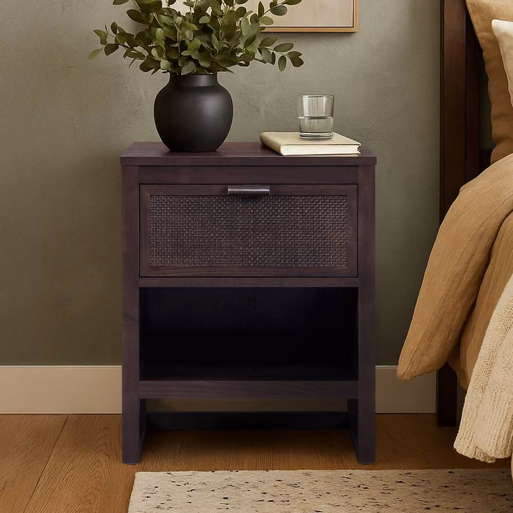 Teamson Home Hatteras Nightstand with Rattan Detail and Soft Close Drawer in Black Finish, W: 50.8 cm, D: 40.64 cm, H: 60.96 cm – 2