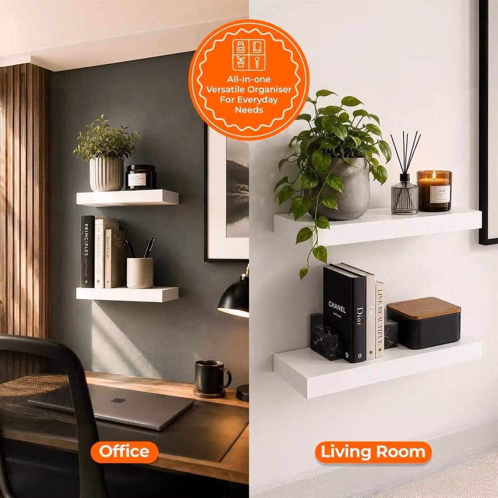 NESTLUNE Pack of 2 White High Gloss Floating Wall Shelves, W: 100 cm, D: 15 cm, H: 40 cm – 3