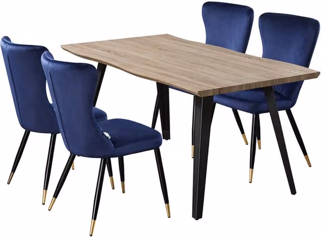 Life Interiors New York Rocco LUX Dining Set with Rectangular Live Edge Wood Table and 4 Blue Upholstered Chairs
