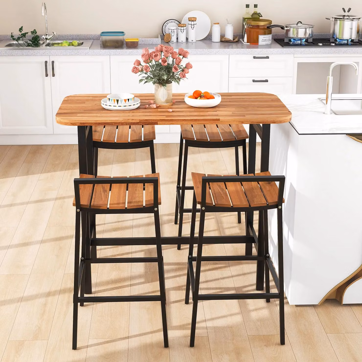 Costway 5-Piece Acacia Wood Outdoor Bar Table and Chairs Set in Natural Brown – 3