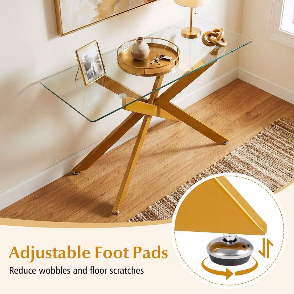 Costway Modern Glass Console Table with Clear Tempered Glass Top and Gold X-Frame, Width: 115 cm – 3