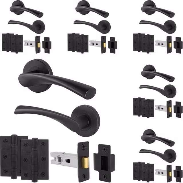 AFIT Matt Black Internal Door Handles with Latch and Rose, 6 Pairs, W/D/H: 15 x 15 x 5.4 cm