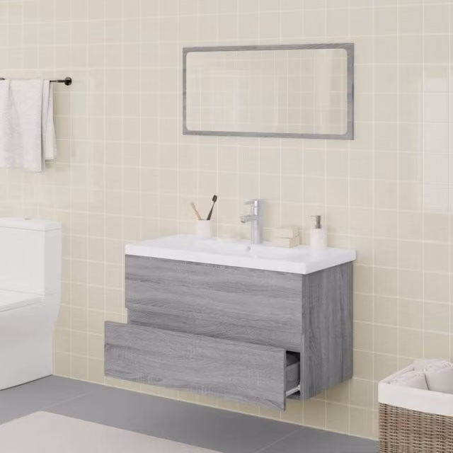 Berkfield Home Modern Grey Bathroom Furniture Set with Vanity Unit and Mirror Cabinet – 1