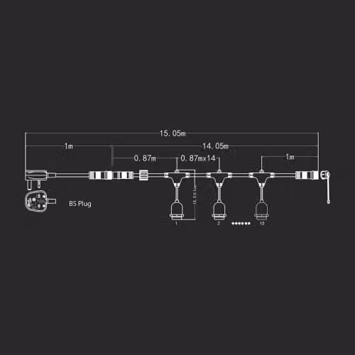 V-TAC Black Outdoor LED String Lights with 15 Sphere Sockets, 15m Length – 5