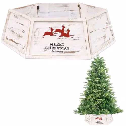Shatchi White Hexagon Wooden Christmas Tree Collar and Stand Base Cover – 1