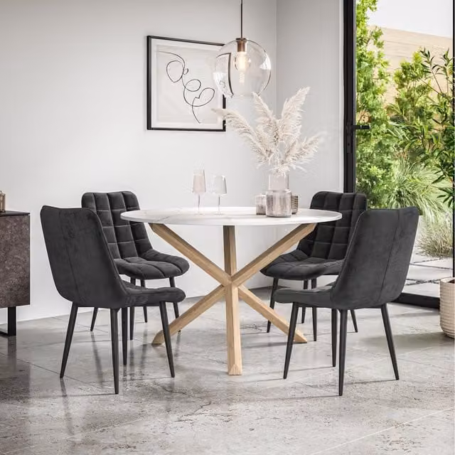 More4Homes Malvern Round Marble Effect Dining Table Set with Oak Legs and 4 Black Nova Velvet Chairs