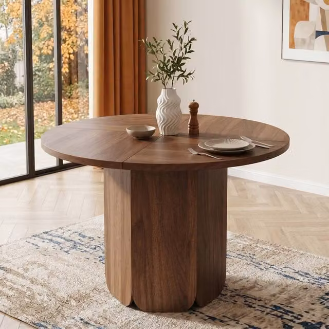 BTM Round Walnut Wood Dining Table in Brown, Diameter: 120 cm, Height: 75 cm – 1