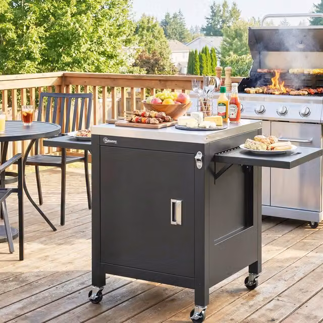 Outsunny Outdoor Grill Cart with Stainless Steel Tabletop in Black