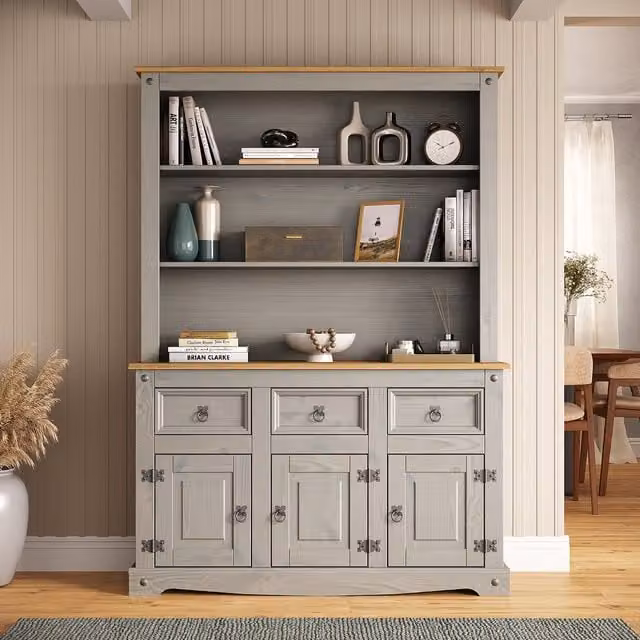 Mews Corona Sideboard with Hutch Welsh Dresser Top in Grey Waxed Pine