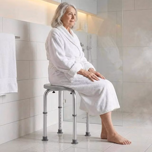 Kelvenix Round Shower Stool Bathing Chair Seat in Grey with Height Adjustable Legs and Non-Slip Base