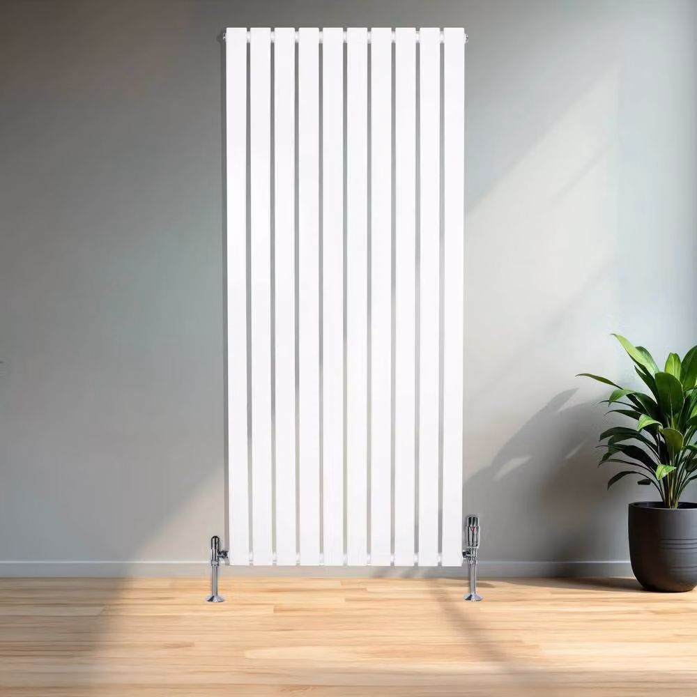 Monstershop Flat Single Column Radiator in White Steel with Chrome Thermostatic Valves and Wall Brackets, H: 160 cm x W: 70 cm – 2