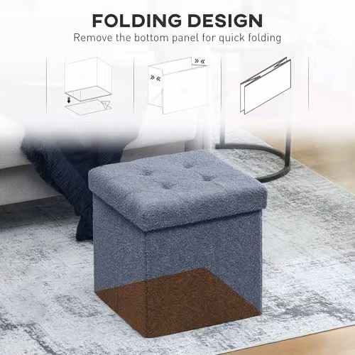 HOMCOM Foldable Sherpa Fleece Ottoman Storage Box in Blue, W/D/H: 38 x 38 x 38 cm – 5