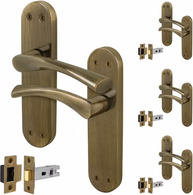 AFIT Antique Brass Twist Door Handle and Latch Set with Backplate in Bronze, 4 Pairs, W/D/H: 15 x 15 cm