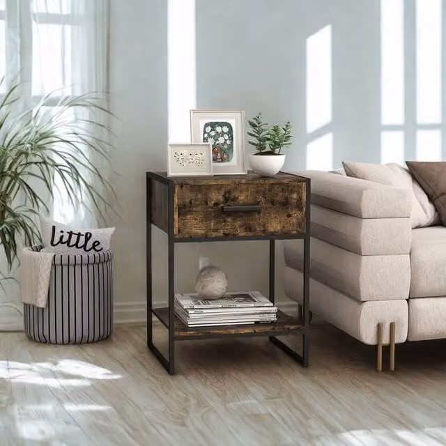 FURNOS Industrial Bedside Table with Drawer and Shelf, Brown and Black, W: 40 cm, D: 40 cm, H: 60 cm