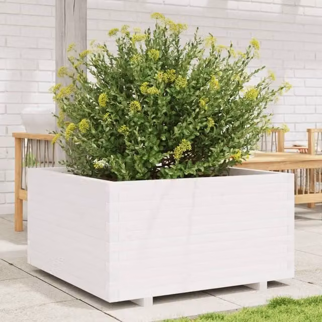 Berkfield Home White Solid Wood Pine Garden Planter Tub W: 90 cm, D: 90 cm, H: 49.5 cm