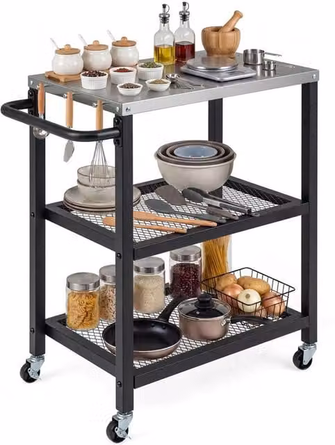 Costway 3-Tier Rolling Metal Kitchen and Garden Utility Cart with 6 Hanging Posts in Black