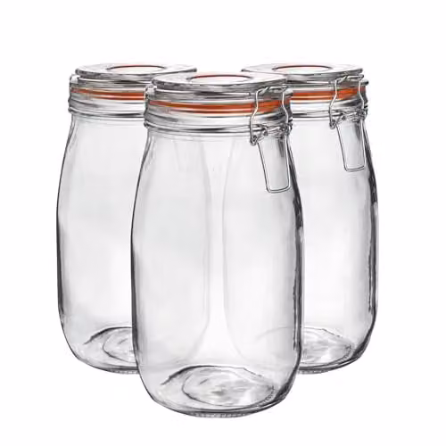 Argon Tableware Set of 3 Transparent Glass Storage Jars with Leakproof Stainless Steel Clip Lids, 1.5 l