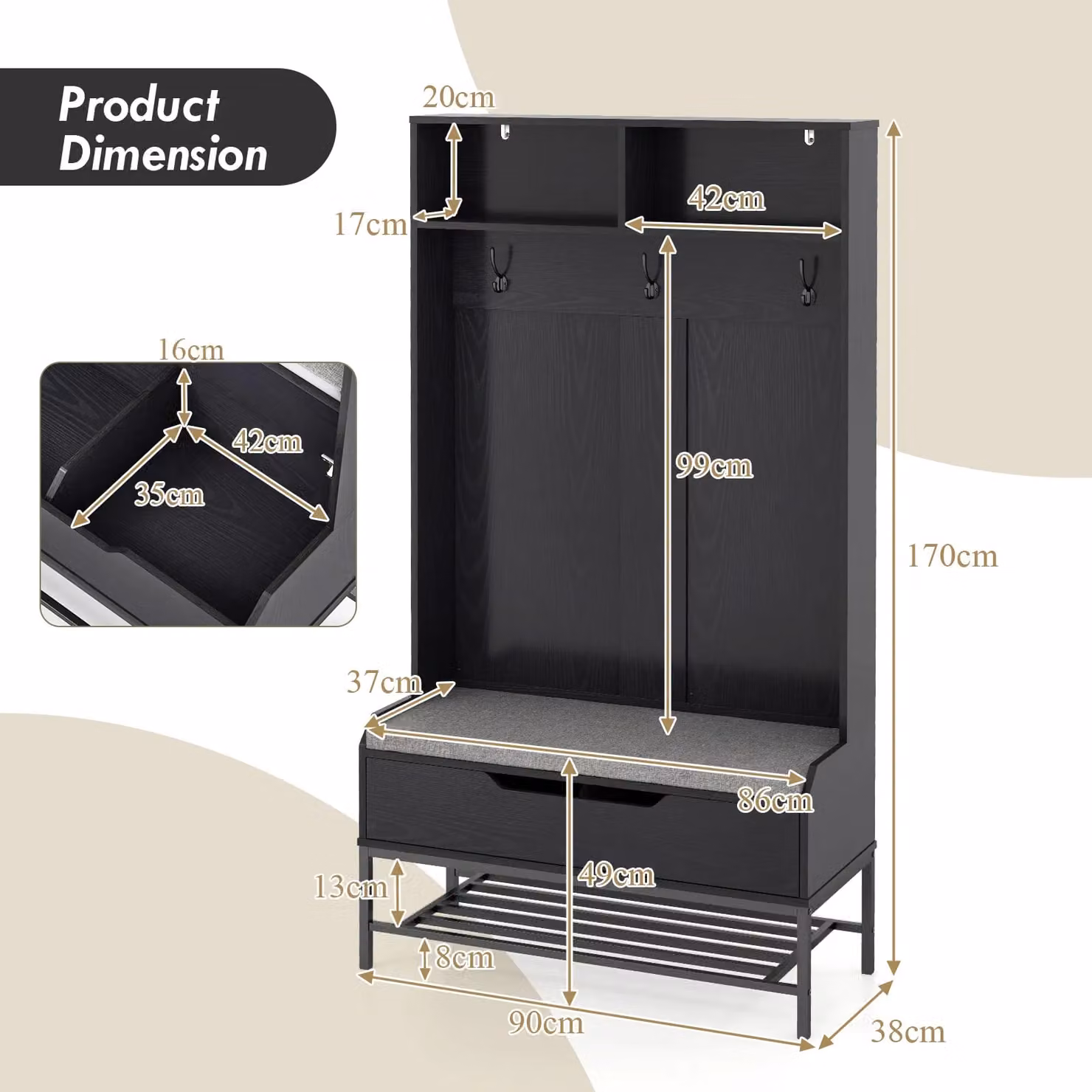 Gymax 4-in-1 Hall Tree Entryway Bench with Seat Cushion and Shoe Rack, Black, Height: 170 cm – 2