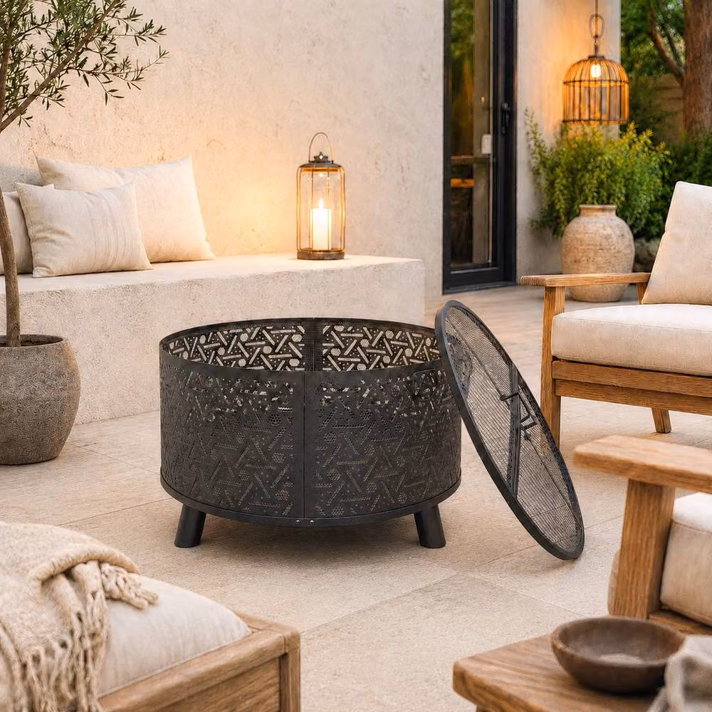 Teamson Home Black Steel Outdoor Garden Fire Pit with Spark Guard, Diameter: 71 cm – 3
