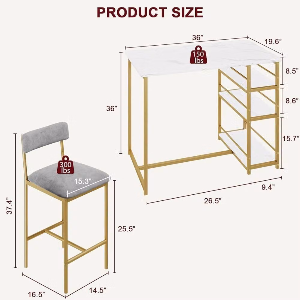 Kelvenix 3 Piece Modern Gold Dining Table and Chairs Set with Marble Effect Rectangular Table – 2