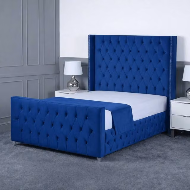 Living Comfort Bedz Executive Luxe Plush Blue Velvet Upholstered Bed with Slatted Base, W/D/H: 140 x 200 cm