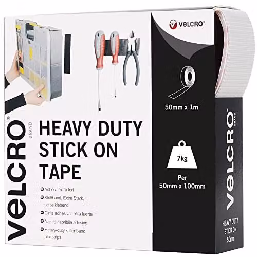 VELCRO Brand Heavy Duty Stick On Double Sided Hook and Loop Self Adhesive Tape, White, Width: 5 cm, Length: 1 m