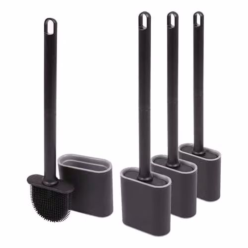 Harbour Housewares Wall-Mounted Silicone Toilet Brush and Holder Set, Pack of 4, Black