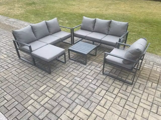 Fimous 8 Seater Outdoor Garden Furniture Set in Dark Grey with L-Shape Sofa, Coffee Table and Ottoman