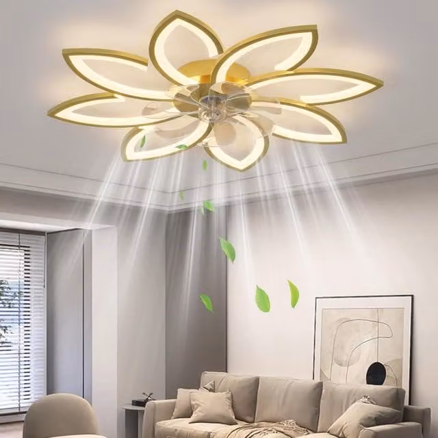 Garwarm 7-Blade Reversible Dimmable LED Ceiling Fan in Yellow and Gold/Brass, 90 cm