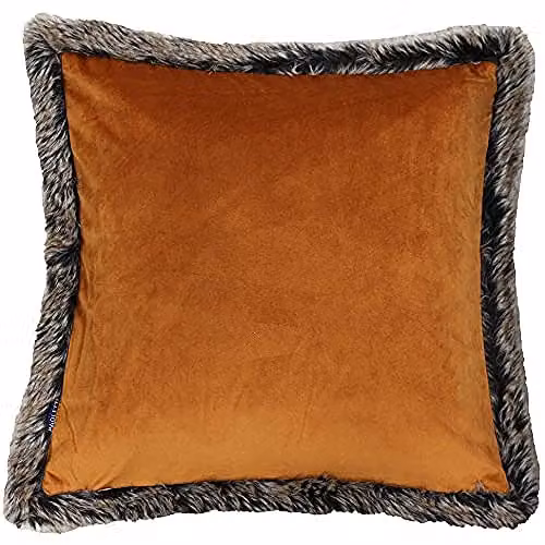 Paoletti Kiruna Square Velvet Cushion with Faux Fur Trim in Orange, W/D/H: 45 x 45 x 45 cm – 1