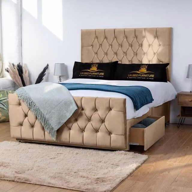 UK Bed Furniture Jublie Small Double Divan Bed in Beige with 2 Drawers and 26 Inch Headboard, W/D/H: 120 x 200 cm
