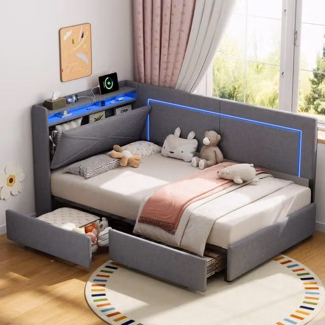 Merax Grey 3ft Single Corner Daybed with 2 Drawers, LED Lights and USB Charging Station, W/D/H: 90 x 190 x 220 cm