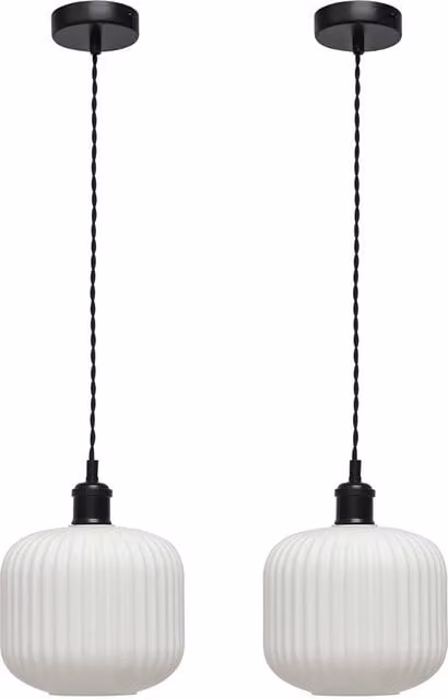 First Choice Lighting Bento Set of 2 Retro Pendant Lights with White Ribbed Glass and Black Metal Fittings – 1