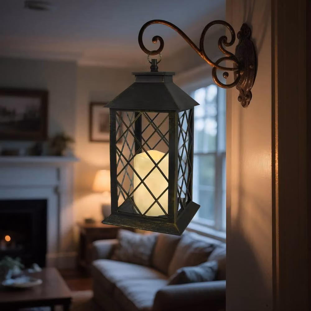 Bright Zeal Set of 2 Black and Gold Decorative Pillar Candle Lanterns with Timer and Flicker Effect, Height: 34 cm – 4