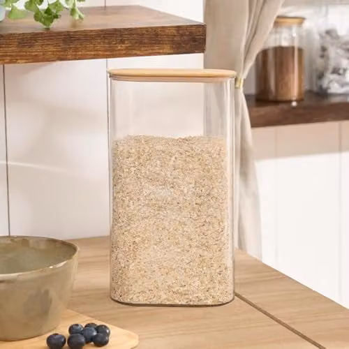 OHS Transparent Oval Food Storage Container with Airtight Bamboo Lid, BPA Free Plastic and Silicone Kitchen Jar – 1