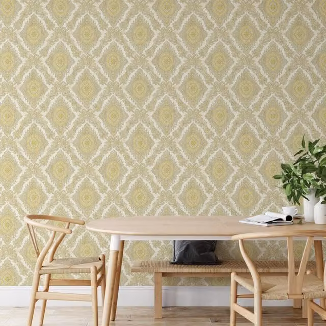 Wallquest Villa Rosa Classic Damask Floral Wallpaper in Yellow, Pink, Green and Silver