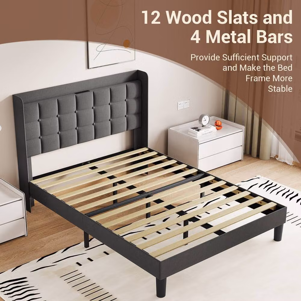 Dprodo King Size Bed Frame with Grey Linen Upholstered Tufted Headboard and USB Charging Ports, W/D/H: 180 x 200 cm – 9