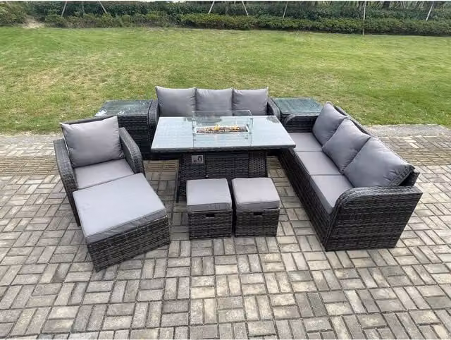 Fimous 10-Seater PE Rattan Garden Furniture Set with Gas Fire Pit in Dark Grey