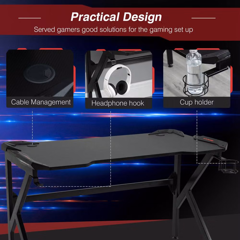 HOMCOM Black Gaming Desk with Steel Frame and Headphone Holder – 4