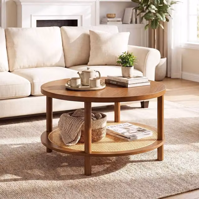 KORVIXA 2-Tier Round Rattan and Rubberwood Coffee Table in Brown, W/D: 100 x 100 cm – 1