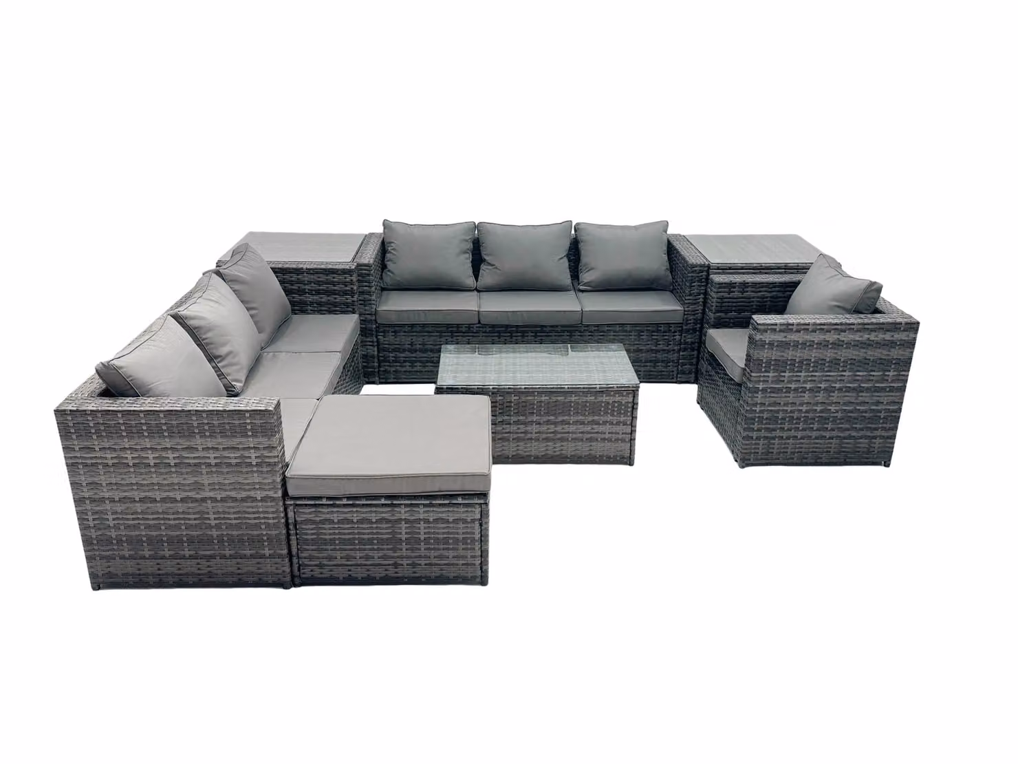 Fimous 8-Seater Patio Coffee Table Sofa Set with Large Stool and 2 Side Tables in Dark Grey – 2